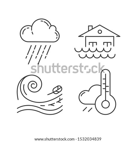 Natural disaster linear icons set. Global climate changes danger. Typhoon, flood, weather forecast, tsunami. Thin line contour symbols. Isolated vector outline illustrations. Editable stroke