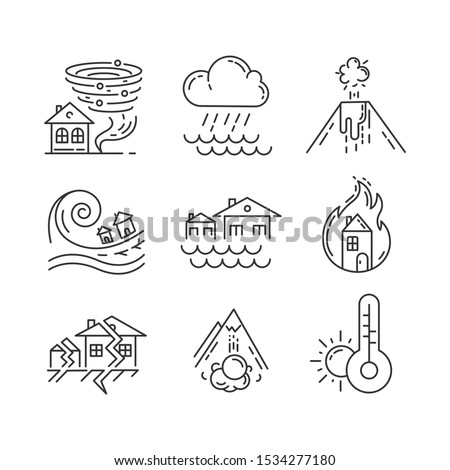 Natural disaster linear icons set. Earthquake, fire, tsunami, tornado, avalanche, flood, downpour, volcanic eruption. Thin line contour symbols. Isolated vector outline illustrations. Editable stroke