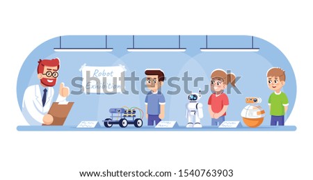 Children showing their robots on exhibition flat vector illustration. Robotics courses for kids. After school club. Boys and girls with androids, teacher approving cartoon characters