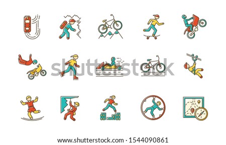 Extreme sports color icons set. Climbing, mountaineering. Spelunking. Cycling, rollerskating. Motorcar racing. People doing stunts. Street culture. Orienteering skill. Isolated vector illustrations