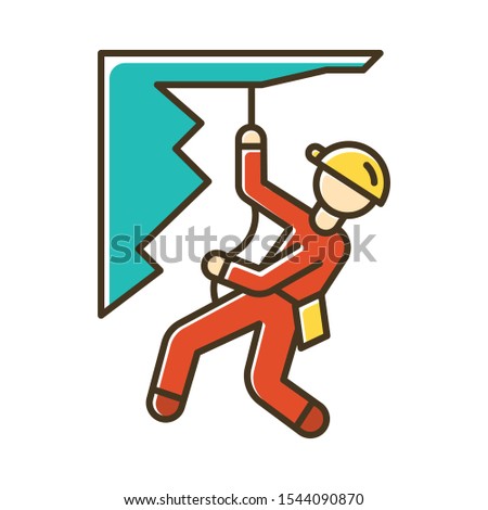 Mountain climbing color icon. Alpinism, mountaineering. Abseiling, rappelling descend. Caving, spelunking. Person descending off cliff face. Mountaineer sliding down rope. Isolated vector illustration