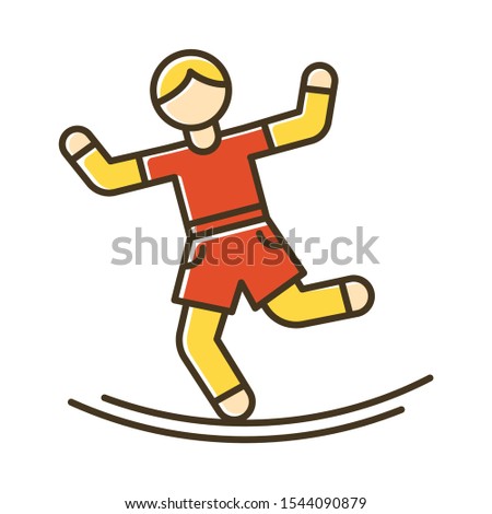 Slacklining color icon. Balance training. Slack rope walking. Tightrope walker. Person balancing on suspended webbing. Extreme sport. Isolated vector illustration