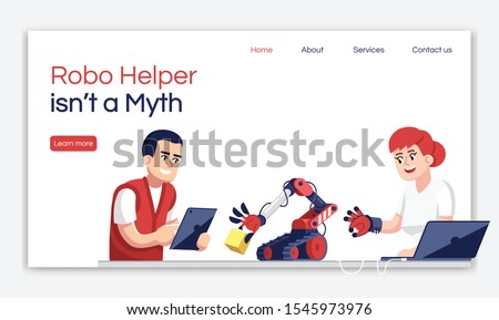 Robo helper is not myth landing page vector template. Droid engineering website interface idea with flat illustrations. Robot assistant homepage layout. Web banner, webpage cartoon concept