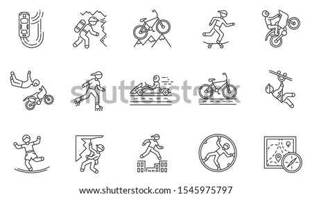 Extreme sports linear icons set. Mountaineering. Spelunking. Cycling, rollerskating. Motorsport. Orienteering skill. Thin line contour symbols. Isolated vector outline illustrations, Editable stroke