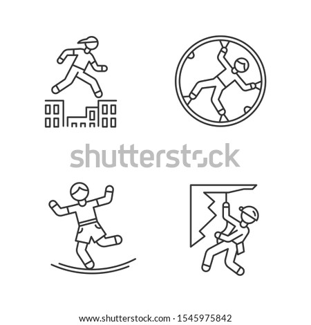 Extreme sports linear icons set. Parkour, traversing obstacles. Zorbing. Slacklining. Abseiling, rappelling. Thin line contour symbols. Isolated vector outline illustrations. Editable stroke