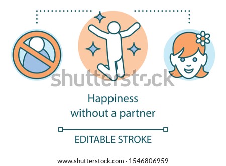 Happiness without partner concept icon. Happy solitude idea thin line illustration. Person enjoying loneliness and cheerful woman face vector isolated outline drawing. Editable stroke