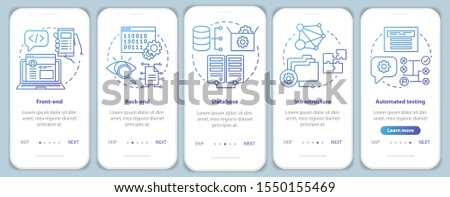 Front-end, back-end development onboarding mobile app page screen vector template. App programming. Walkthrough website steps with linear illustrations. UX, UI, GUI smartphone interface concept
