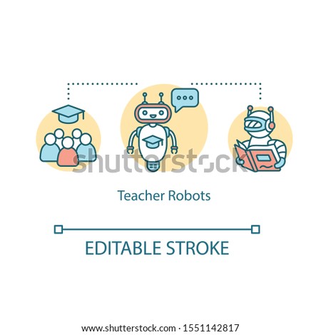 Teacher robots concept icon. Futuristic machine studying. Android tutor. Artificial intelligence working in education idea thin line illustration. Vector isolated outline drawing. Editable stroke