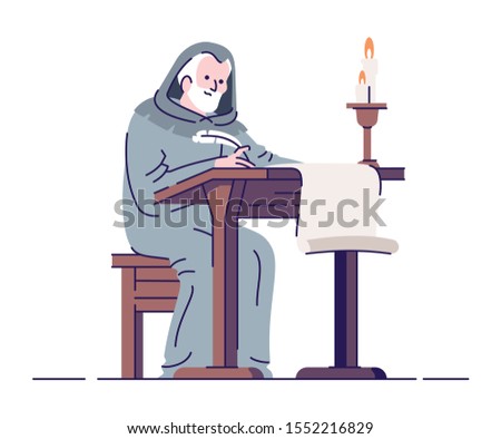 Medieval chronicler with manuscript flat vector illustration. Middle age annalist isolated cartoon characters with outline elements on white background. Ancient literacy and education