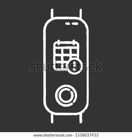Fitness tracker with calendar notifications chalk icon. Wellness device with digital events planner, deadline reminder. Calendar with exclamation mark sign. Isolated vector chalkboard illustration