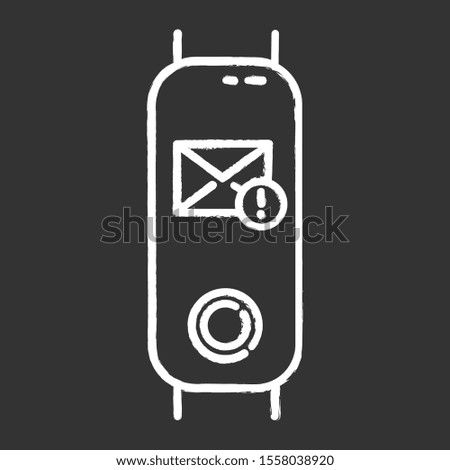 Fitness tracker with incoming mail notification chalk icon. Electronic device with new correspondence reminder. Envelope with exclamation mark symbol. Isolated vector chalkboard illustration