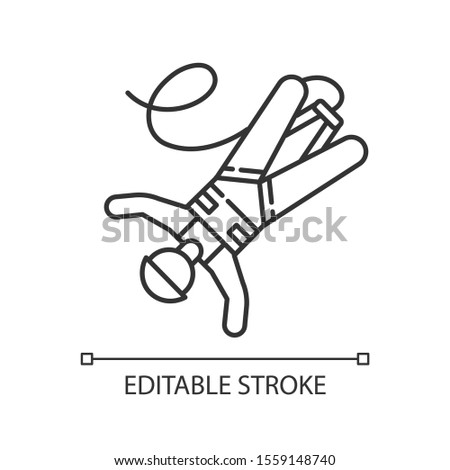 Bungee jumping linear icon. Extreme sport. Bungy jumper falling down. Adrenaline recreation. Risky leap with rope. Thin line illustration. Contour symbol. Vector isolated drawing. Editable stroke