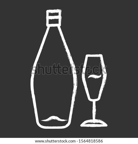Wine chalk icon. Alcohol bar. Bottle and wineglass. Alcoholic beverage. Restaurant service. Glassware for dessert standard sweet wine. Isolated vector chalkboard illustration