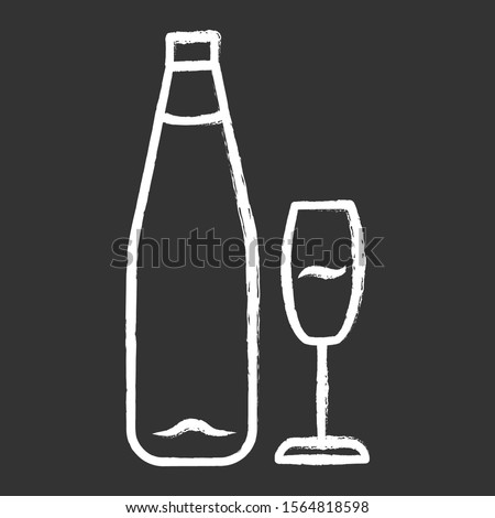 Wine chalk icon. Alcohol bar. Bottle and wineglass. Alcoholic beverage. Restaurant service. Standard glassware for white wine. Isolated vector chalkboard illustration
