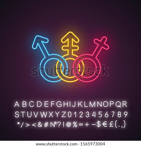 Transgender people equality neon light icon. Female, male rights. Trans tolerance. Gender signs. Transsexual, intersex. Glowing sign with alphabet, numbers and symbols. Vector isolated illustration