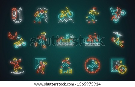 Extreme sports neon light icons set. Climbing, mountaineering. Spelunking. Cycling, rollerskating. Motorcar racing. Street culture. Orienteering skill. Glowing signs. Vector isolated illustrations