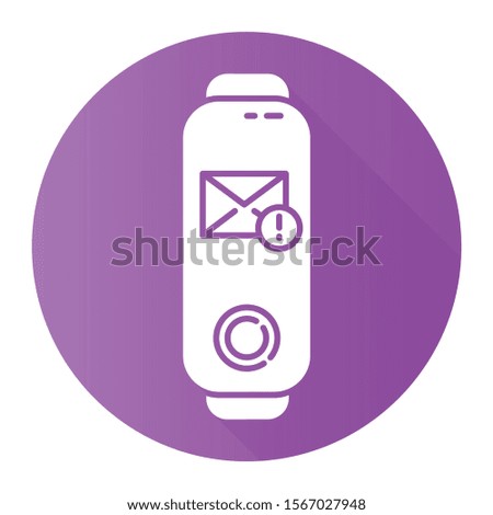 Fitness tracker with mail notification violet flat design long shadow glyph icon. Electronic device with new correspondence reminder. Envelope with exclamation mark. Vector silhouette illustration