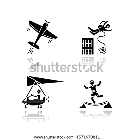 Air extreme sports drop shadow black glyph icons set. Aerobatics, base jumping, micro lighting and highlining. Outdoor activities. Adrenaline entertainment. Isolated vector illustrations