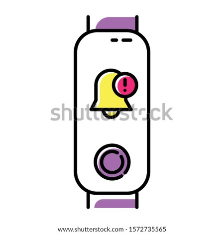 Fitness tracker with notification sign on display color icon. Yellow bell symbol with exclamation mark. Wearable healthy lifestyle gadget with reminder pictogram. Isolated vector illustration