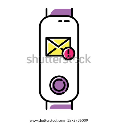 Fitness tracker with incoming mail notification on display color icon. Electronic device with new correspondence reminder. Envelope with exclamation mark symbol. Isolated vector illustration