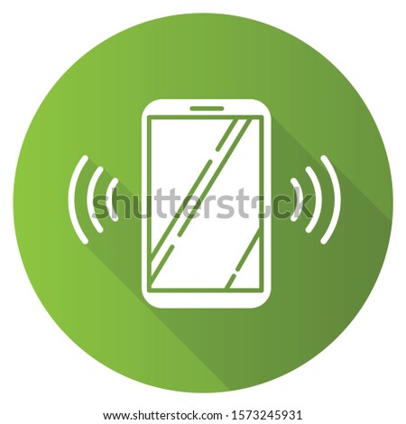 Green ringing smartphone flat design long shadow glyph icon. Mobile voice control idea. Sound command. Loud volume, audio frequency. Phone call, vibro signal. Vector silhouette illustration