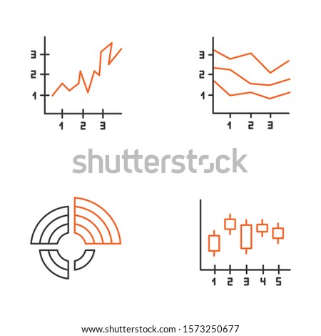 Chart and graph linear icons set. Radial diagram with increasing values. Area charts. Vertical scatter histogram. Thin line contour symbols. Isolated vector outline illustrations. Editable stroke