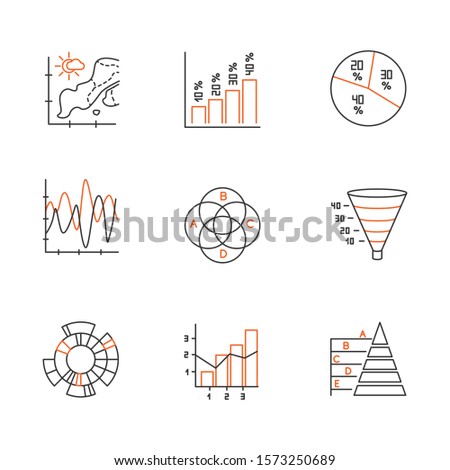 Chart and graph linear icons set. Temperature map. Histogram. Diagram. Funnel chart. Venn diagram. Sunburst. Pyramid. Thin line contour symbols. Isolated vector outline illustrations. Editable stroke