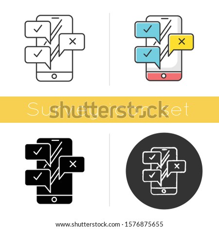Chat icon. Online survey. Smartphone instant messaging. Interview through email. Correct, incorrect. Right and wrong option. Flat design, linear and color styles. Isolated vector illustrations