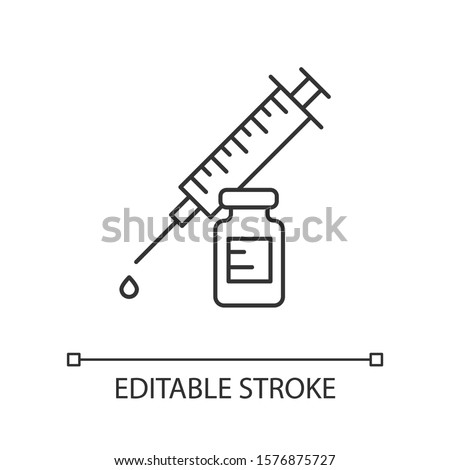 Vaccination linear icon. Syringe with vial. Common cold prevention. Immunization shot. Medication and pharmacy. Thin line illustration. Contour symbol. Vector isolated outline drawing. Editable stroke