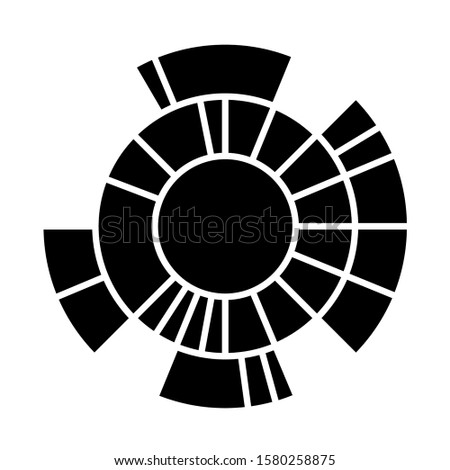 Sunburst diagram glyph icon. Radial chart. Round information presentation graph. Hierarchy visualization. Data connection visualization. Silhouette symbol. Negative space. Vector isolated illustration
