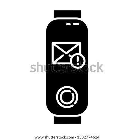 Fitness tracker with incoming mail notification glyph icon. Electronic device with new message reminder. Envelope with exclamation mark. Silhouette symbol. Negative space. Vector isolated illustration