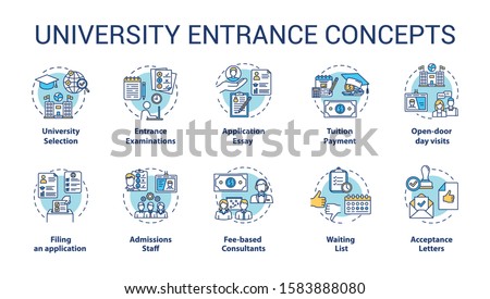 University entrance concept icons set. Academy selection, preparation of documents, exams and admission idea thin line illustrations. Vector isolated outline drawings. Editable stroke