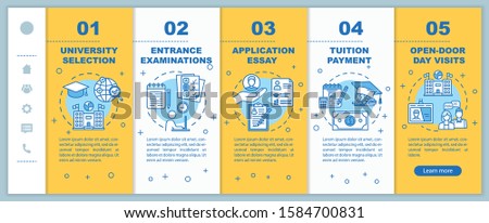 University entrance onboarding mobile web pages vector template. Essay, exam. Responsive smartphone website interface idea with linear illustrations. Webpage walkthrough step screens. Color concept