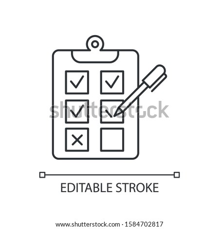 Written survey linear icon. Choosing option. Evaluation test. Select answer. Questionnaire. Page on clipboard. Thin line illustration. Contour symbol. Vector isolated outline drawing. Editable stroke