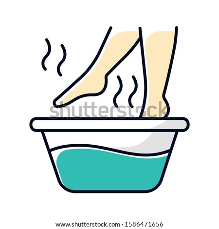Foot bath color icon. Leg in hot water. Spa treatment. Common cold treatment. Healthcare and skincare. Wellness. Flu infection, influenza virus aid. Sickness help. Isolated vector illustration