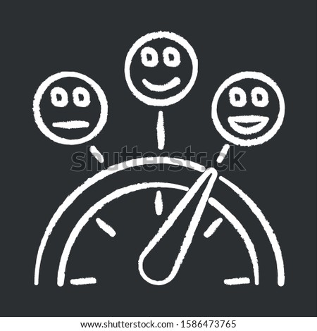 Satisfaction level chalk icon. Good, neutral and bad experience. Emotion meter. Positive and negative. Scale with emoticons. Score with pointer. Quality gauge. Isolated vector chalkboard illustration