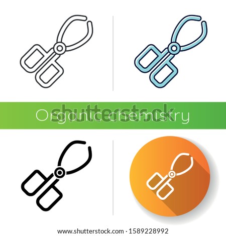 Crucible tongs icon. Surgeon equipment. Stainless steel lab instrument. Beaker pliers. Forceps clamp. Organic chemistry. Flat design, linear, black and color styles. Isolated vector illustrations