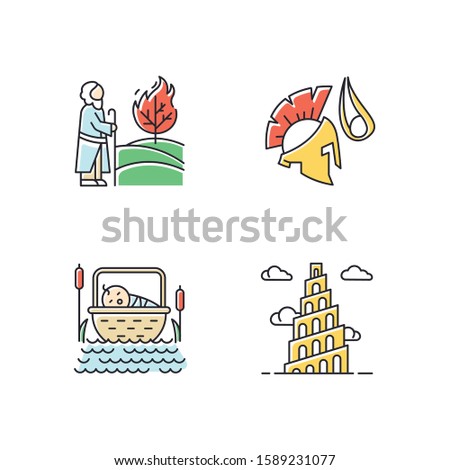 Bible narratives color icons set. The birth of Moses, David and Goliath, Babel tower myths. Religious legends. Christian religion, holy book scenes. Biblical stories. Isolated vector illustrations