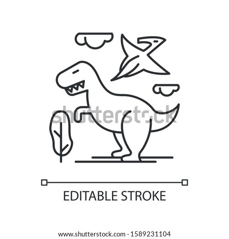 Dinosaurs linear icon. Prehistoric animals. Tyrannosaurus rex. Flying pterodactyl. Archeology and history. Thin line illustration. Contour symbol. Vector isolated outline drawing. Editable stroke