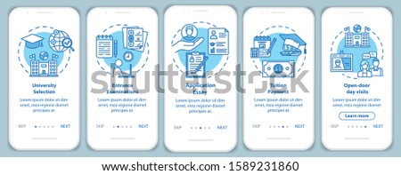 University entrance onboarding mobile app page screen vector template. Tuition payment. Essay, exam. Walkthrough website steps with linear illustrations. UX, UI, GUI smartphone interface concept