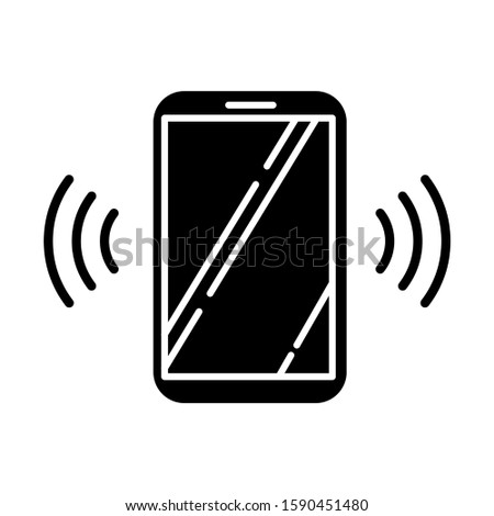 Ringing smartphone glyph icon. Mobile voice control. Sound command. Loud volume, audio frequency. Phone call, vibro signal. Silhouette symbol. Negative space. Vector isolated illustration
