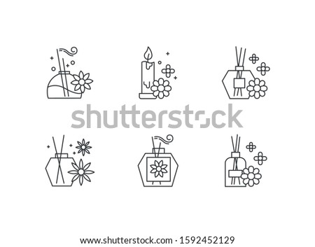 Aromatherapy linear icons set. Floral scented sticks. Aromatic candles. Cosmetology, spa therapy. Thin line contour symbols. Isolated vector outline illustrations. Editable stroke. Perfect pixel