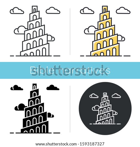 Babel Tower Bible story icon. Ziggurat. High structure in Babylonia. Religious legend. Exodus Biblical narrative. Glyph, chalk, linear and color styles. Isolated vector illustrations