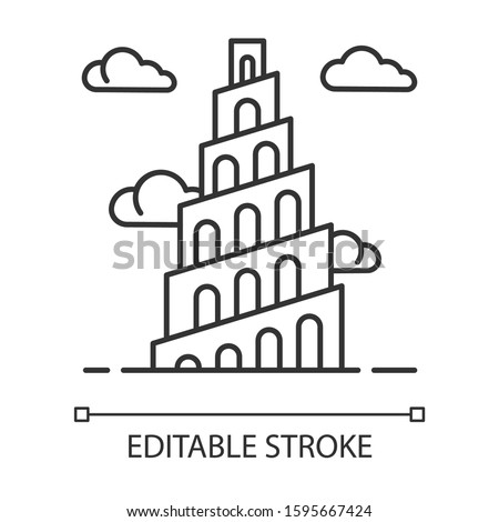 Babel Tower Bible story linear icon. Ziggurat. High structure in Babylonia. Exodus Biblical narrative. Thin line illustration. Contour symbol. Vector isolated outline drawing. Editable stroke