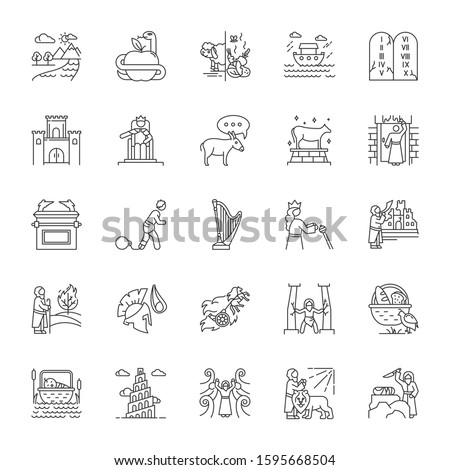 Bible narratives linear icons set. Noah Ark, Babel tower. Moses, God myths. Religious legends. Biblical stories. Thin line contour symbols. Isolated vector outline illustrations. Editable stroke