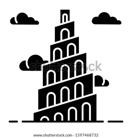 Babel Tower Bible story glyph icon. Ziggurat. High structure in Babylonia. Religious legend. Exodus Biblical narrative. Silhouette symbol. Negative space. Vector isolated illustration