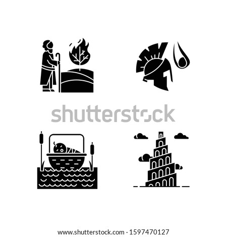 Bible narratives glyph icons set. The birth of Moses, David and Goliath, Babel tower myths. Religious legends. Christian religion, holy book scenes. Silhouette symbols. Vector isolated illustration