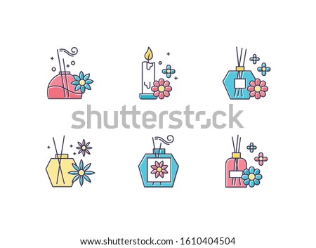 Aromatherapy color icons set. Floral scented sticks. Aromatic candles. Blossom air freshener. Cosmetology, spa therapy. Relaxation and stress relief aid. Female selfcare. Isolated vector illustrations