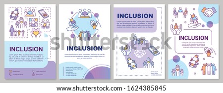 Inclusion brochure template. Disabled aid. Socialization, education. Flyer, booklet, leaflet print, cover design with linear icons. Vector layouts for magazines, annual reports, advertising posters