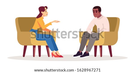 Therapy session semi flat RGB color vector illustration. Interview. Meeting. Talking couple. People having conversation in cozy armchairs. Psychology consultation. Isolated cartoon character on white